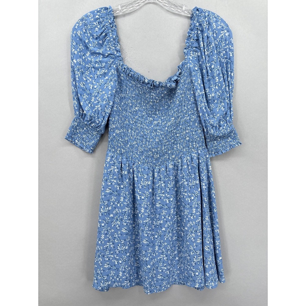 Reformation Dress Womens 0 Blue Floral Smocked Puff Sleeve Mini Spring‎ Viscose
